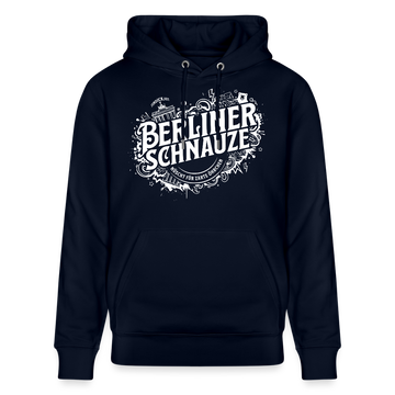 Navy farbebner Bio Unisex Hoodie mit großem weissem „Berliner Schnauze – nüscht für zarte Öhrchen“-Print im Streetart‑Stil, inklusive Berliner Wahrzeichen wie Brandenburger Tor und Fernsehturm auf dem Design.