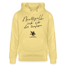 Unisex Bio-Hoodie mit schwarzem Schreibschrift-Print Berliner Spruch „Nachtigall, ick hör dir trapsen“ und kleiner trapsender Nachtigall – gerader Schnitt, doppelt gefütterte Kapuze, Kängurutasche, 350 g/m², 100% Bio-Baumwolle. - Hoodiefarbe Gelb Viva 