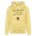 Unisex Bio-Hoodie mit schwarzem Schreibschrift-Print Berliner Spruch „Nachtigall, ick hör dir trapsen“ und kleiner trapsender Nachtigall – gerader Schnitt, doppelt gefütterte Kapuze, Kängurutasche, 350 g/m², 100% Bio-Baumwolle. - Hoodiefarbe Gelb Viva 