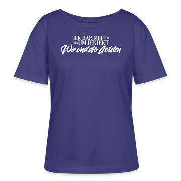 ICK HAB MIR HIER MA UMJEKIEKT-WIR SIND DIE GEILSTEN -weisser Brustprint mit Berliner Schnauze-Rundhals Frauen Bio-T-Shirt - Dämmerung (lila-blau)