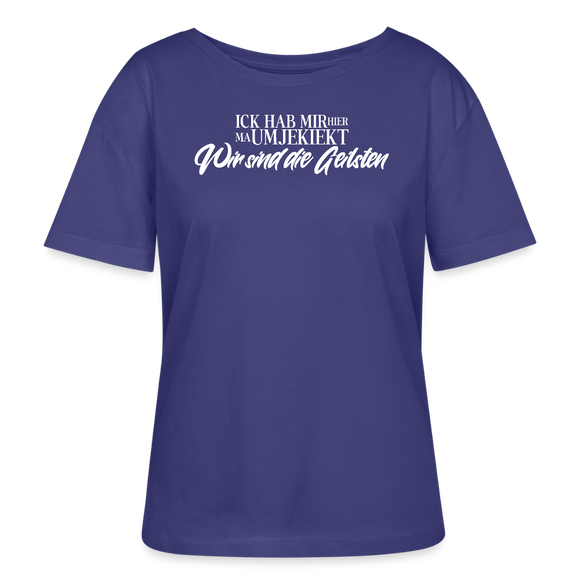 ICK HAB MIR HIER MA UMJEKIEKT-WIR SIND DIE GEILSTEN -weisser Brustprint mit Berliner Schnauze-Rundhals Frauen Bio-T-Shirt - Dämmerung (lila-blau)