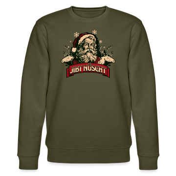Weihnachtlicher Santa mit Rentieren und Banner JIBT NÜSCHT﻿
 – kultiges Berliner Weihnachts Sweatshirt in Khaki, Statement-Design, Bio-Baumwolle, nachhaltige Mode