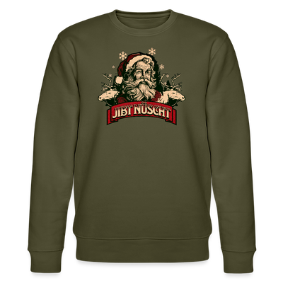 Weihnachtlicher Santa mit Rentieren und Banner JIBT NÜSCHT﻿
 – kultiges Berliner Weihnachts Sweatshirt in Khaki, Statement-Design, Bio-Baumwolle, nachhaltige Mode