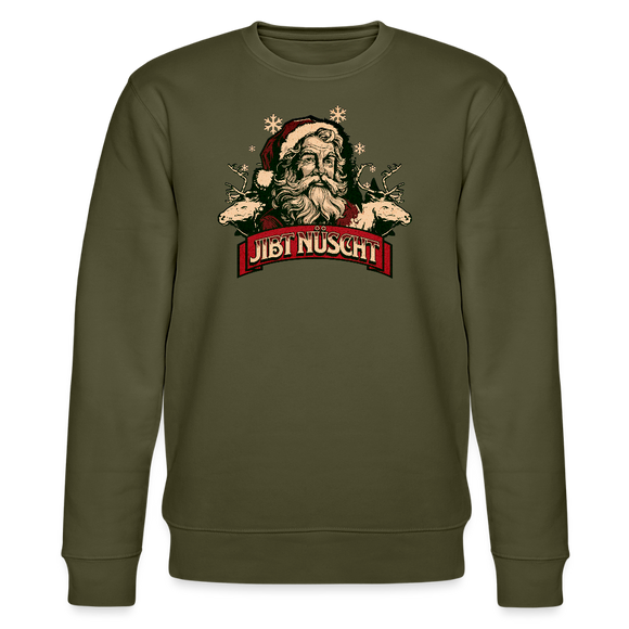 Weihnachtlicher Santa mit Rentieren und Banner JIBT NÜSCHT﻿
 – kultiges Berliner Weihnachts Sweatshirt in Khaki, Statement-Design, Bio-Baumwolle, nachhaltige Mode
