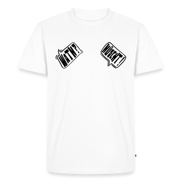 Männer Premium BIO T-Shirt - Weiß- zwei schwarze Sprechblasen-links steht "WATN?" und in der rechten "NÜSCHT!"-Die Unterhaltung mit Berliner Schnauze