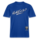 weisser Handschriftlich gestalteter Schriftzug „Kiekst’n so?“ im Stil der Berliner Schnauze- auf relaxed fit geschnittenem Bio unisex shirt - Dunkelblau