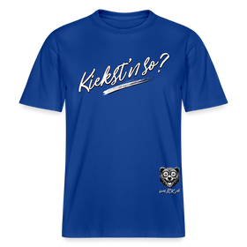 weisser Handschriftlich gestalteter Schriftzug „Kiekst’n so?“ im Stil der Berliner Schnauze- auf relaxed fit geschnittenem Bio unisex shirt - Dunkelblau