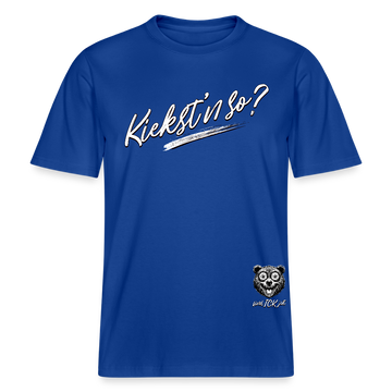 weisser Handschriftlich gestalteter Schriftzug „Kiekst’n so?“ im Stil der Berliner Schnauze- auf relaxed fit geschnittenem Bio unisex shirt - Dunkelblau