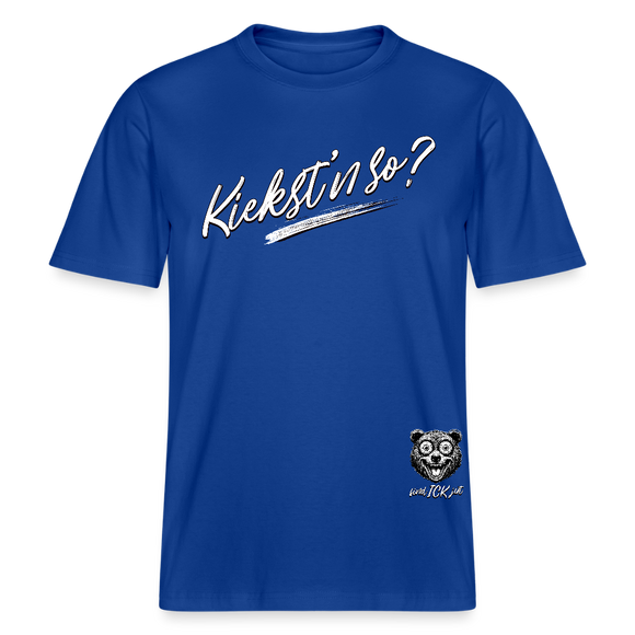 weisser Handschriftlich gestalteter Schriftzug „Kiekst’n so?“ im Stil der Berliner Schnauze- auf relaxed fit geschnittenem Bio unisex shirt - Dunkelblau