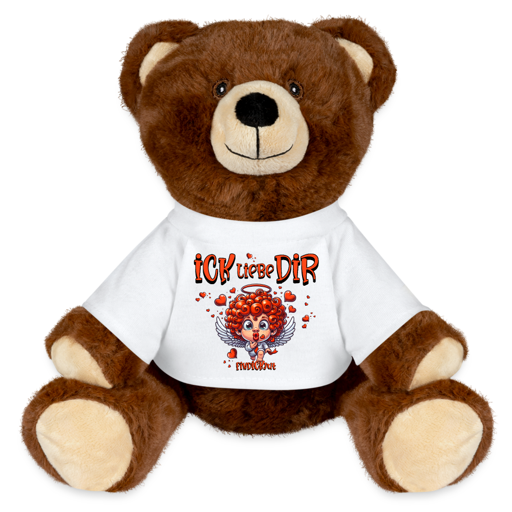 ICK LIEBE DIR-MiniFeet® RecycelBär® Braun -Teddybär mit dem Schriftzug "ICK LIEBE DIR", gestickten Augen und Nase – der perfekte Kuschelfreund für alle Verliebten mit BerlinerSchnauze-auf weissem T-Shirt