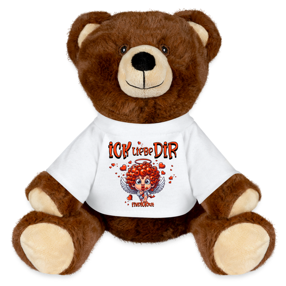 ICK LIEBE DIR-MiniFeet® RecycelBär® Braun -Teddybär mit dem Schriftzug "ICK LIEBE DIR", gestickten Augen und Nase – der perfekte Kuschelfreund für alle Verliebten mit BerlinerSchnauze-auf weissem T-Shirt