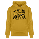 Unisex Bio-Hoodie ocker  mit schwarz gerahmten Aufdruck „VAFATZ DA VOM JELÄNDE“ im Berliner Schnauze Stil, doppelt gefütterte Kapuze und Kängurutasche. 