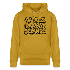 Unisex Bio-Hoodie ocker  mit schwarz gerahmten Aufdruck „VAFATZ DA VOM JELÄNDE“ im Berliner Schnauze Stil, doppelt gefütterte Kapuze und Kängurutasche. 