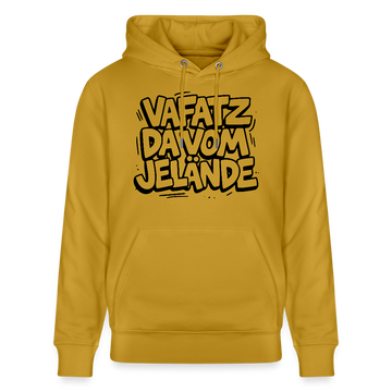Unisex Bio-Hoodie ocker  mit schwarz gerahmten Aufdruck „VAFATZ DA VOM JELÄNDE“ im Berliner Schnauze Stil, doppelt gefütterte Kapuze und Kängurutasche. 