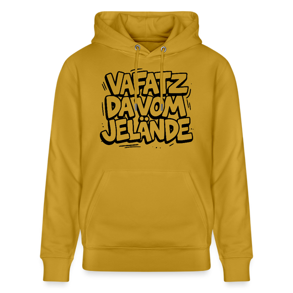 Unisex Bio-Hoodie ocker  mit schwarz gerahmten Aufdruck „VAFATZ DA VOM JELÄNDE“ im Berliner Schnauze Stil, doppelt gefütterte Kapuze und Kängurutasche. 