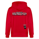 Kapuzenjacke mit dem grossen Backprint „MACH MA KEENE FISEMATENTEN“ in Berliner Schnauze, gerade geschnitten, mit doppelt gefütterter Kapuze, Metallreißverschluss und Kängurutaschen, aus 100% Bio-Baumwolle.- Rot