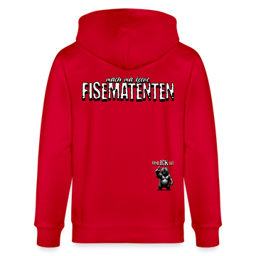 Kapuzenjacke mit dem grossen Backprint „MACH MA KEENE FISEMATENTEN“ in Berliner Schnauze, gerade geschnitten, mit doppelt gefütterter Kapuze, Metallreißverschluss und Kängurutaschen, aus 100% Bio-Baumwolle.- Rot