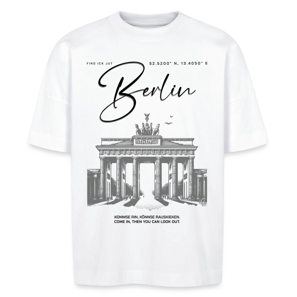 Oversized Unisex T-Shirt mit großem Berlin-Print und Illustration des Brandenburger Tors, als Frontprint- aus Bio-Baumwolle - Weiß