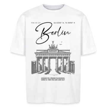 Oversized Unisex T-Shirt mit großem Berlin-Print und Illustration des Brandenburger Tors, als Frontprint- aus Bio-Baumwolle - Weiß