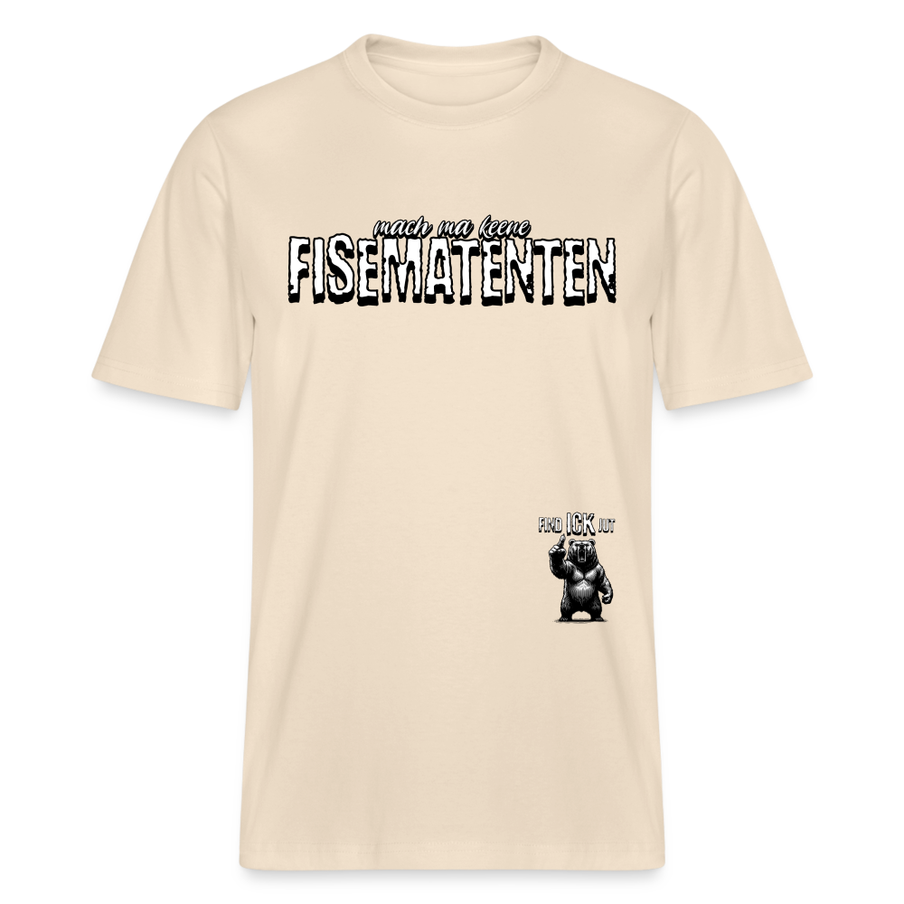 T-Shirt mit dem Print „MACH MA KEENE FISEMATENTEN“ in Berliner Schnauze, locker geschnitten, mit eingesetzten Ärmeln und 1x1 Rippstrick am Halsausschnitt. Das Shirt besteht aus 100% Bio-Baumwolle und hat eine weiche Stoffdichte von 215 g/m². - Naturweiß