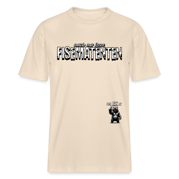 T-Shirt mit dem Print „MACH MA KEENE FISEMATENTEN“ in Berliner Schnauze, locker geschnitten, mit eingesetzten Ärmeln und 1x1 Rippstrick am Halsausschnitt. Das Shirt besteht aus 100% Bio-Baumwolle und hat eine weiche Stoffdichte von 215 g/m². - Naturweiß