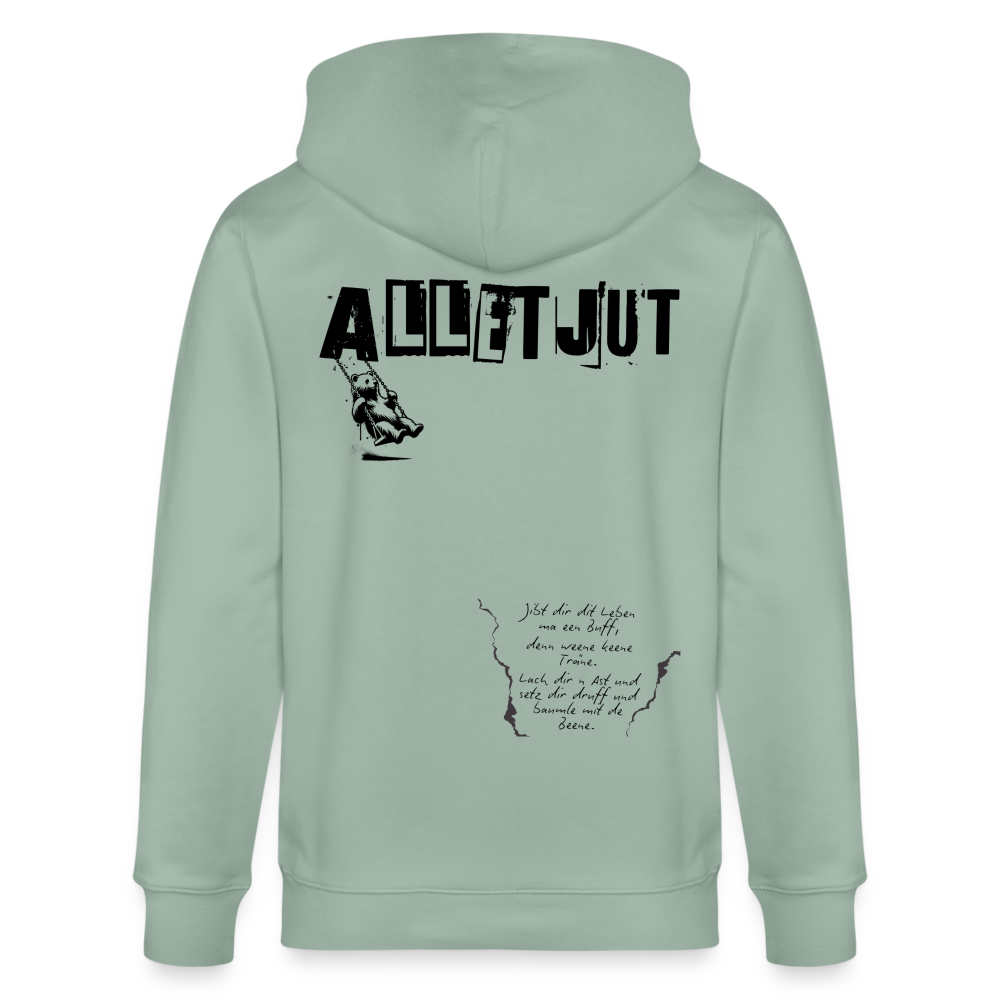 Berliner Spruch ALLET JUT-Unisex Bio-Kapuzenjacke-BACKPRINT - Helles Graugrün