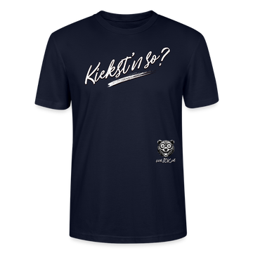 weisser Handgezeichneter Schriftzug "Kiekst'n so?" in schwungvoller Schreibschrift - typisch Berliner Spruch auf T-Shirt- Navy