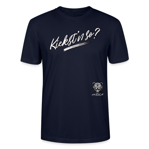 weisser Handgezeichneter Schriftzug "Kiekst'n so?" in schwungvoller Schreibschrift - typisch Berliner Spruch auf T-Shirt- Navy