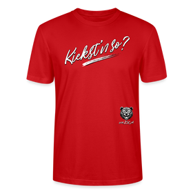 weisser Handgezeichneter Schriftzug "Kiekst'n so?" in schwungvoller Schreibschrift - typisch Berliner Spruch auf T-Shirt- Rot