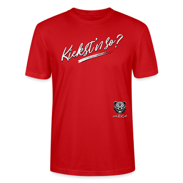 weisser Handgezeichneter Schriftzug "Kiekst'n so?" in schwungvoller Schreibschrift - typisch Berliner Spruch auf T-Shirt- Rot