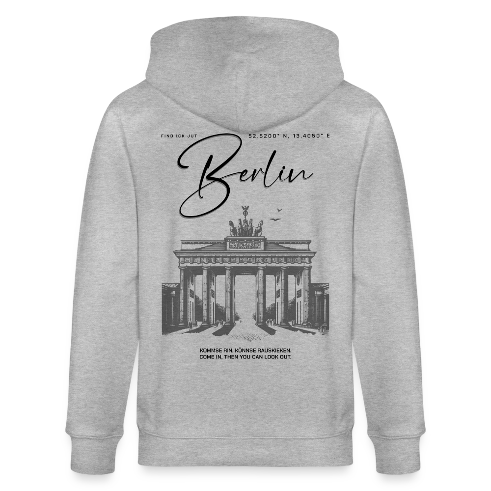 "Unisex Kapuzenjacke mit großem Berlin-Print und Brandenburger Tor Illustration auf dem Rücken, aus 100% Bio-Baumwolle." - Grau meliert