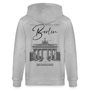 "Unisex Kapuzenjacke mit großem Berlin-Print und Brandenburger Tor Illustration auf dem Rücken, aus 100% Bio-Baumwolle." - Grau meliert