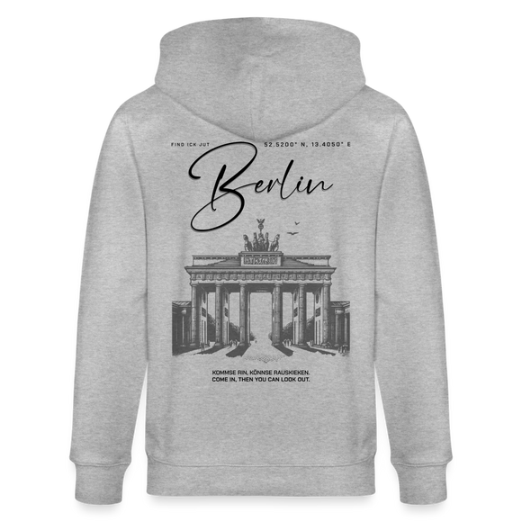 "Unisex Kapuzenjacke mit großem Berlin-Print und Brandenburger Tor Illustration auf dem Rücken, aus 100% Bio-Baumwolle." - Grau meliert