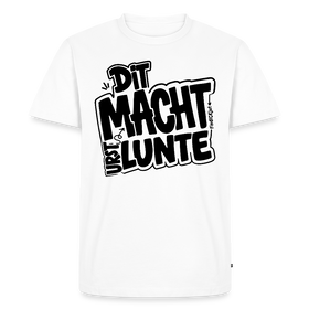 weisses Männer Premium Shirt aus Bio-Baumwolle mit schwarzem Berlinerisch-Aufdruck „DIT MACHT URST LUNTE“ (Berliner Schnauze), Größen XS bis 5XL.
​