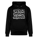 Schwarzer Kapuzenpullover mit Kängurutasche und großem weißem Schriftzug in Berliner Schnauze „VAFATZ DA VOM JELÄNDE“ vorne.
