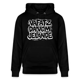 Schwarzer Kapuzenpullover mit Kängurutasche und großem weißem Schriftzug in Berliner Schnauze „VAFATZ DA VOM JELÄNDE“ vorne.