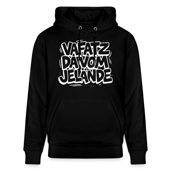 Schwarzer Kapuzenpullover mit Kängurutasche und großem weißem Schriftzug in Berliner Schnauze „VAFATZ DA VOM JELÄNDE“ vorne.