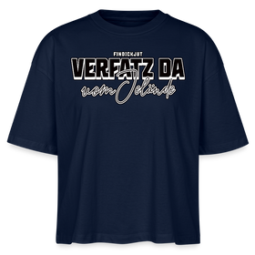 Boxy T-Shirt für Damen mit Berliner Spruch „Verfatz da vom Jelände“ im großen Schriftzug- Navy