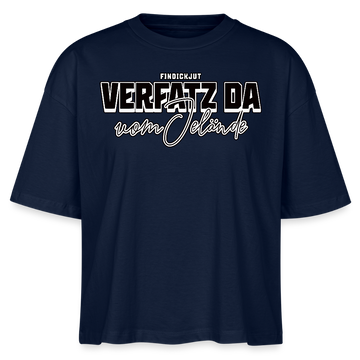 Boxy T-Shirt für Damen mit Berliner Spruch „Verfatz da vom Jelände“ im großen Schriftzug- Navy