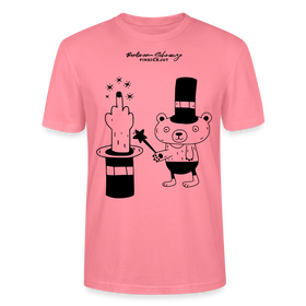 leichtes Unisex Berlin T-Shirt „OHNE WORTE“ mit schwarzem Berliner Schnauze Motiv, Zauberhut, erhobenem Mittelfinger und kleinem Bären im Magier-Look. - Pink 