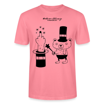 leichtes Unisex Berlin T-Shirt „OHNE WORTE“ mit schwarzem Berliner Schnauze Motiv, Zauberhut, erhobenem Mittelfinger und kleinem Bären im Magier-Look. - Pink 
