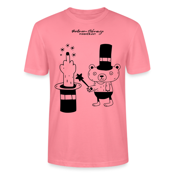 leichtes Unisex Berlin T-Shirt „OHNE WORTE“ mit schwarzem Berliner Schnauze Motiv, Zauberhut, erhobenem Mittelfinger und kleinem Bären im Magier-Look. - Pink 