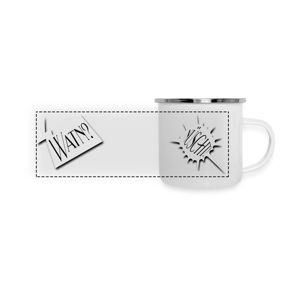 „WATN?  NÜSCHT!“ Emaille Panoramatasse: Berliner Schnauze zum Drehen. Stell die Frage oder gib die Antwort – robust und stylisch für deine Kaffeepause.- Weiß