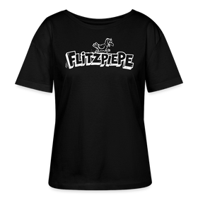 weißes „Flitzpiepe“ Statement-Motiv mit Cartoon-Vogel über dem Cartoon-Schriftzug (Print-Design) - locker leichtes, Schwarzes Frauen-Shirt