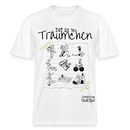 Sommer in Berlin-Relaxed Fit Unisex Bio-T-Shirt - Weiß-Locker geschnittenes Unisex T-Shirt mit handgezeichnetem Berliner Sommer-Design: neun Verschiedene Figuren beim Sonnen, Radfahren, Schwimmen, Eis essen, Sandburgen bauen und mehr. Darüber der Schriftzug „Dit is’n Träumchen“, darunter „Sommer 2025 findICKjut“.