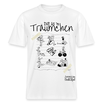 Sommer in Berlin-Relaxed Fit Unisex Bio-T-Shirt - Weiß-Locker geschnittenes Unisex T-Shirt mit handgezeichnetem Berliner Sommer-Design: neun Verschiedene Figuren beim Sonnen, Radfahren, Schwimmen, Eis essen, Sandburgen bauen und mehr. Darüber der Schriftzug „Dit is’n Träumchen“, darunter „Sommer 2025 findICKjut“.