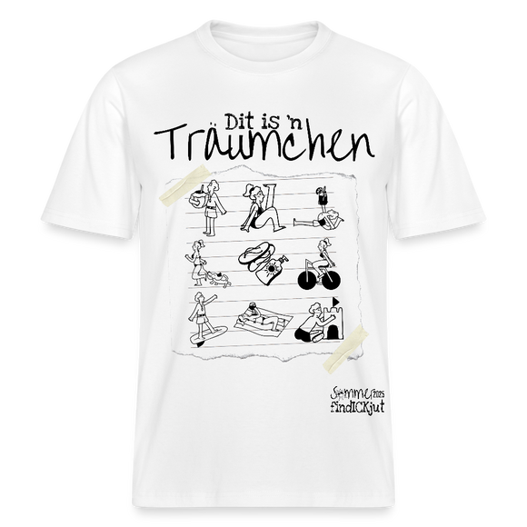 Sommer in Berlin-Relaxed Fit Unisex Bio-T-Shirt - Weiß-Locker geschnittenes Unisex T-Shirt mit handgezeichnetem Berliner Sommer-Design: neun Verschiedene Figuren beim Sonnen, Radfahren, Schwimmen, Eis essen, Sandburgen bauen und mehr. Darüber der Schriftzug „Dit is’n Träumchen“, darunter „Sommer 2025 findICKjut“.