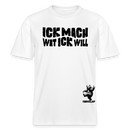 weißes, locker geschnittenes Berliner Spruch T-Shirt mit schwarzem Aufdruck „Ick mach wat ick will“ und kleinem Findickjut Bär-Logo.