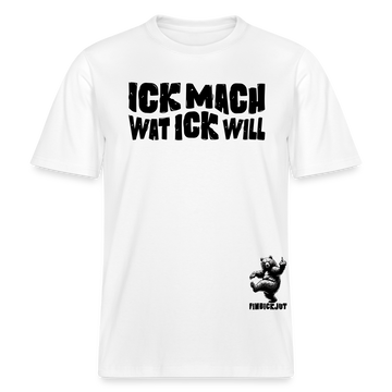 weißes, locker geschnittenes Berliner Spruch T-Shirt mit schwarzem Aufdruck „Ick mach wat ick will“ und kleinem Findickjut Bär-Logo.