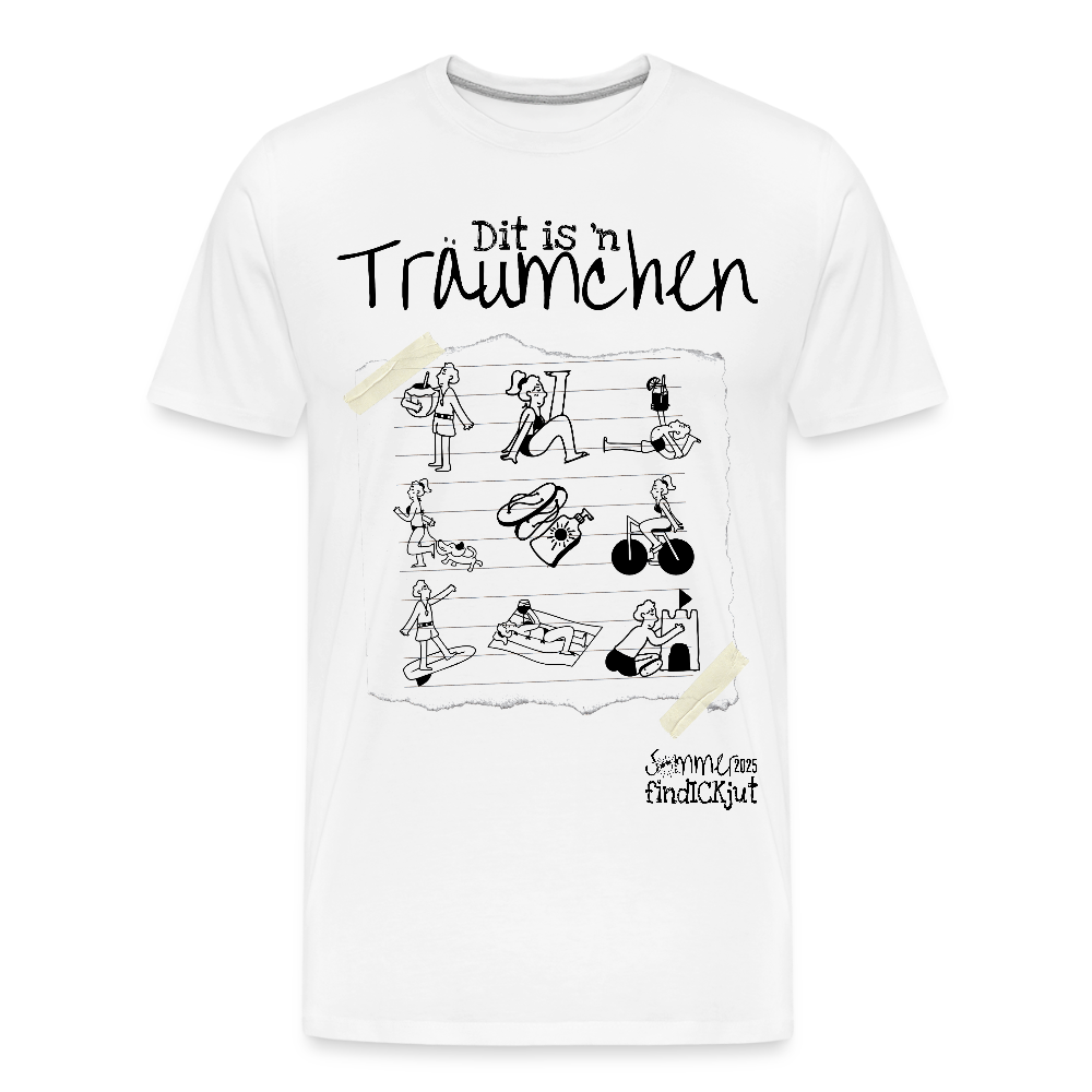 Sommer in Berlin-Illustration auf einem weissen T-Shirt mit dem Spruch „Dit is’n Träumchen“ und „Sommer 2025 findICKjut“ in Berliner Schnauze. Gezeigt werden verschiedene sommerliche Aktivitäten wie Radfahren, Sonnenbaden, Eis essen und Sandburgen bauen, alles im lockeren Comicstil auf einem Blatt Papier.-